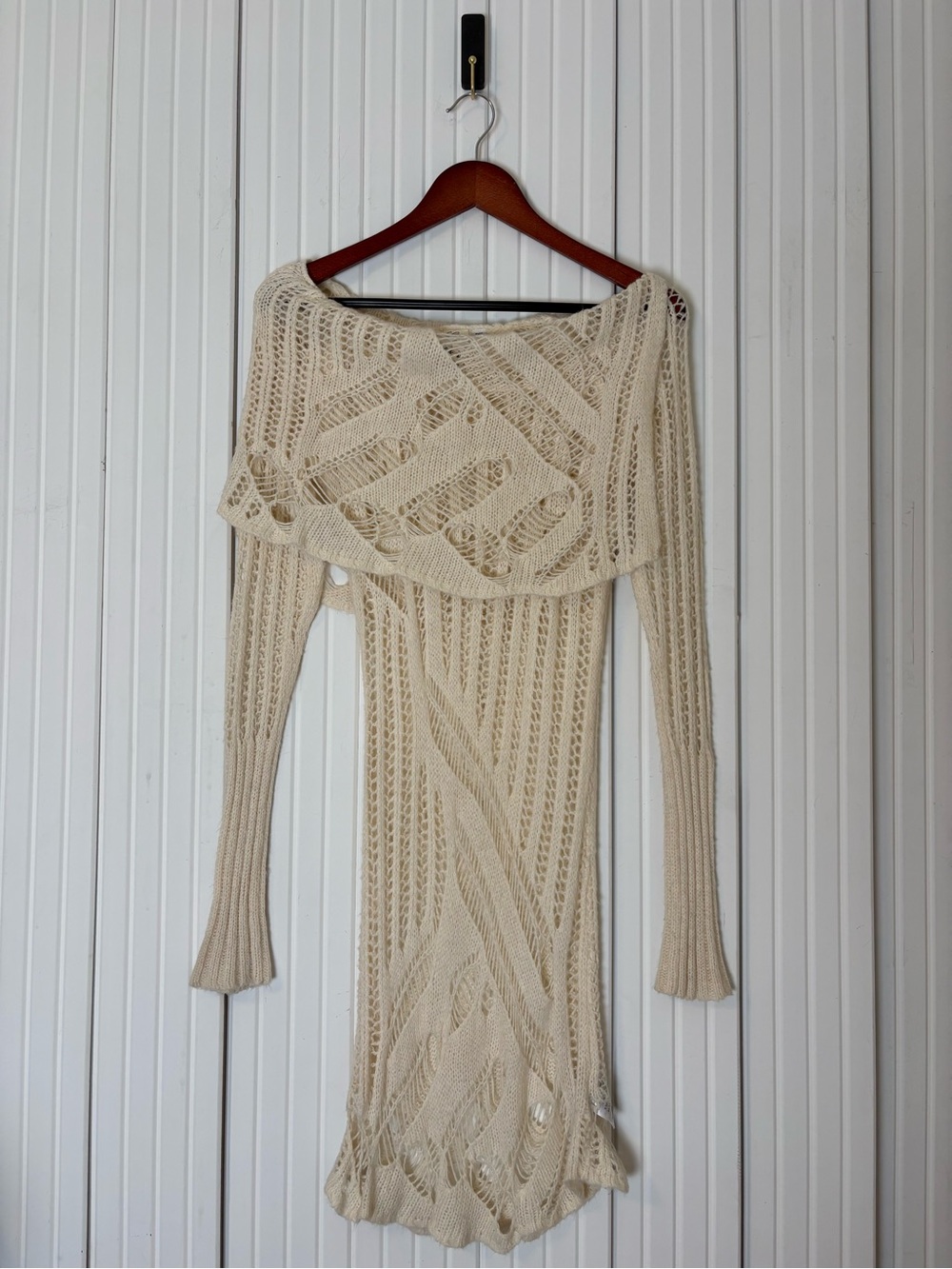 Guess Crochet Open Knit Sweater Dress M Off Shoulder Bohemian Feminine Festival
